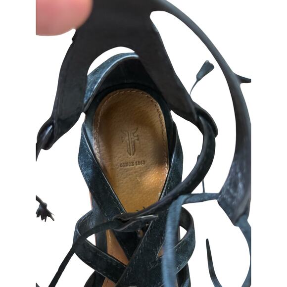 Frye Black Strappy Platform Cork Wedge Sz 8 - Picture 4 of 4